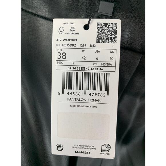 Mango MNGO Leather Effect Straight Trouser Pants Split Hem Womens Size 6 Black - Picture 10 of 10